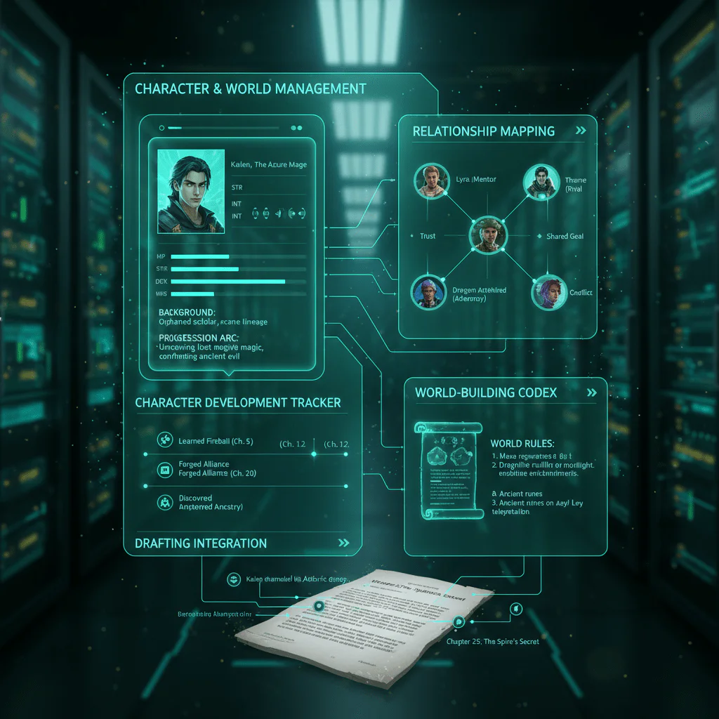 WebNovel AI character sheets and worldbuilding tools