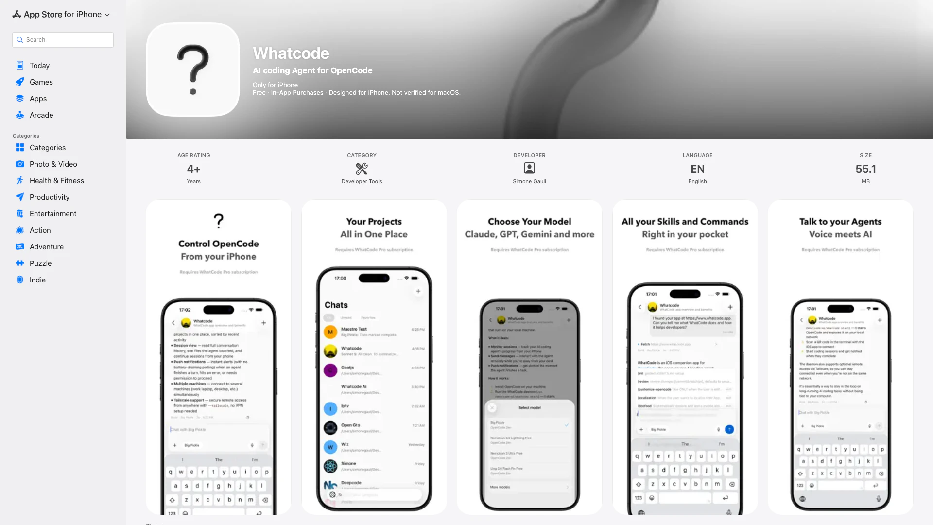 Whatcode - iOS App website screenshot showing WhatCode is a native iOS client for Open... interface and features