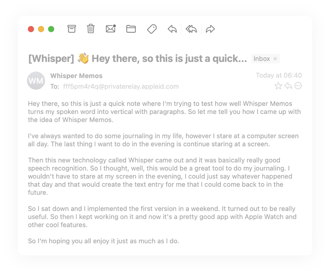 Whisper Memos email transcription example