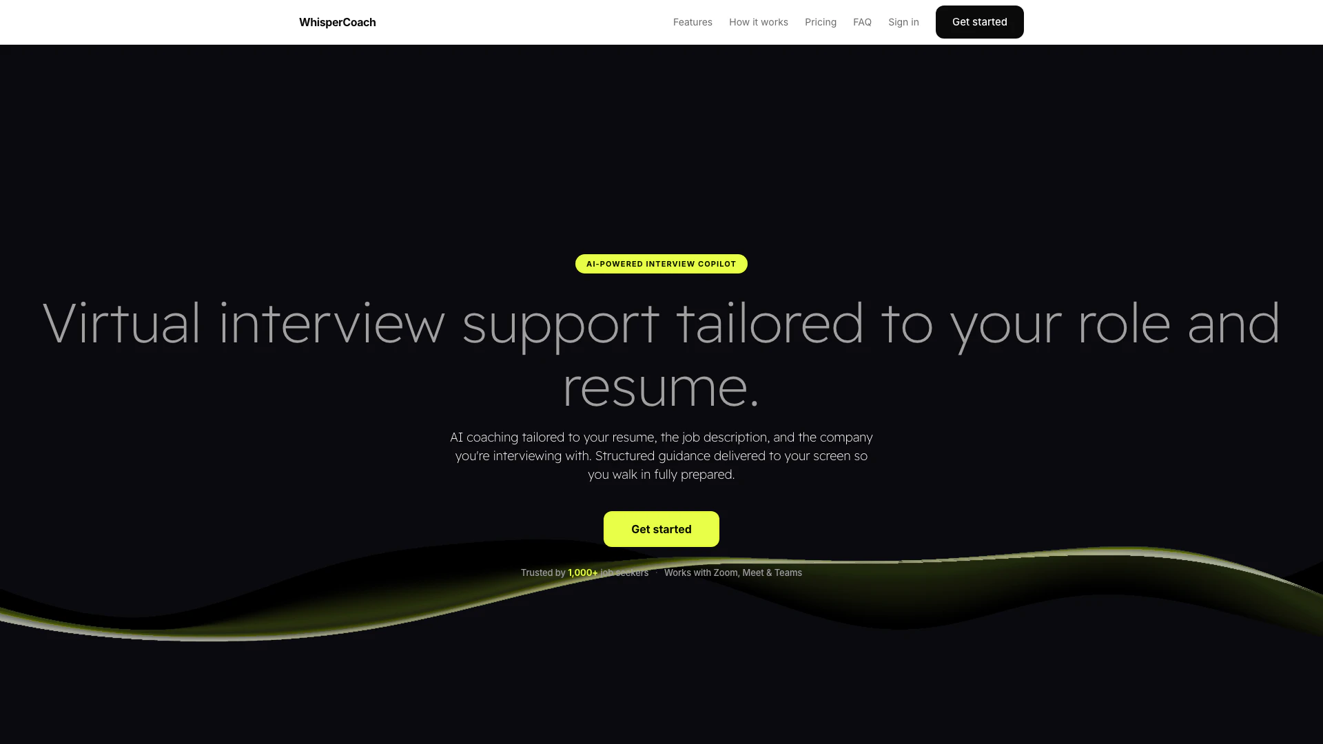 Whispercoach website screenshot showing WhisperCoach provides real-time AI coach... interface and features