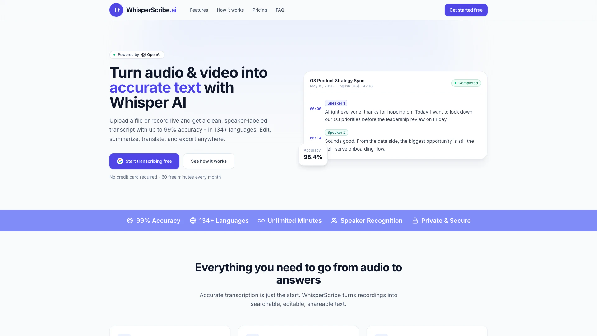 Whisperscribeai website screenshot showing Whisper Scribe AI biến bất kỳ âm thanh h... interface and features