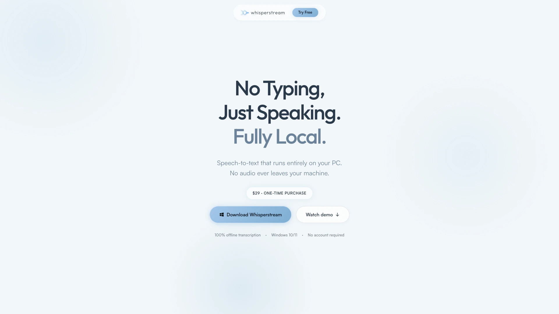 Whisperstream website screenshot showing Whisperstream is a local AI dictation to... interface and features