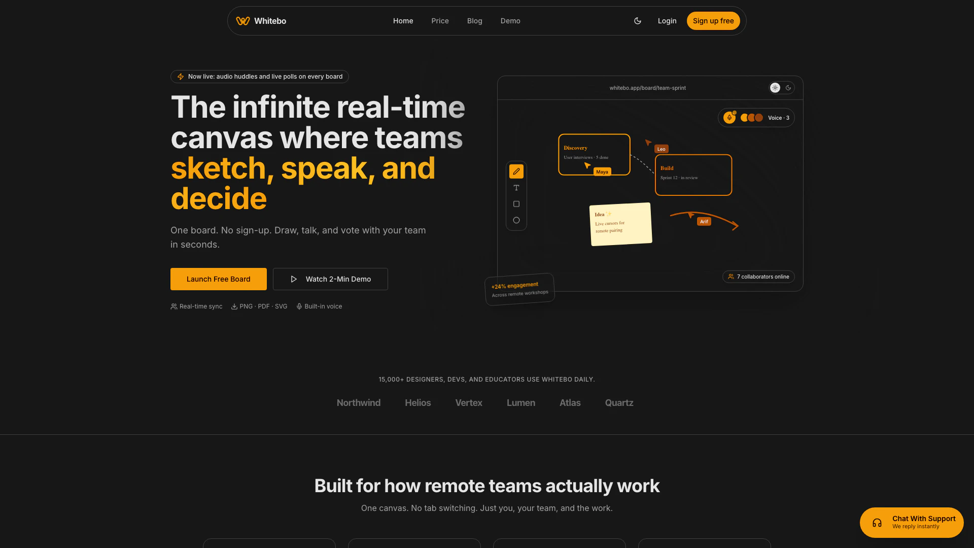 Whitebo website screenshot showing Whitebo is a real-time collaborative whi... interface and features