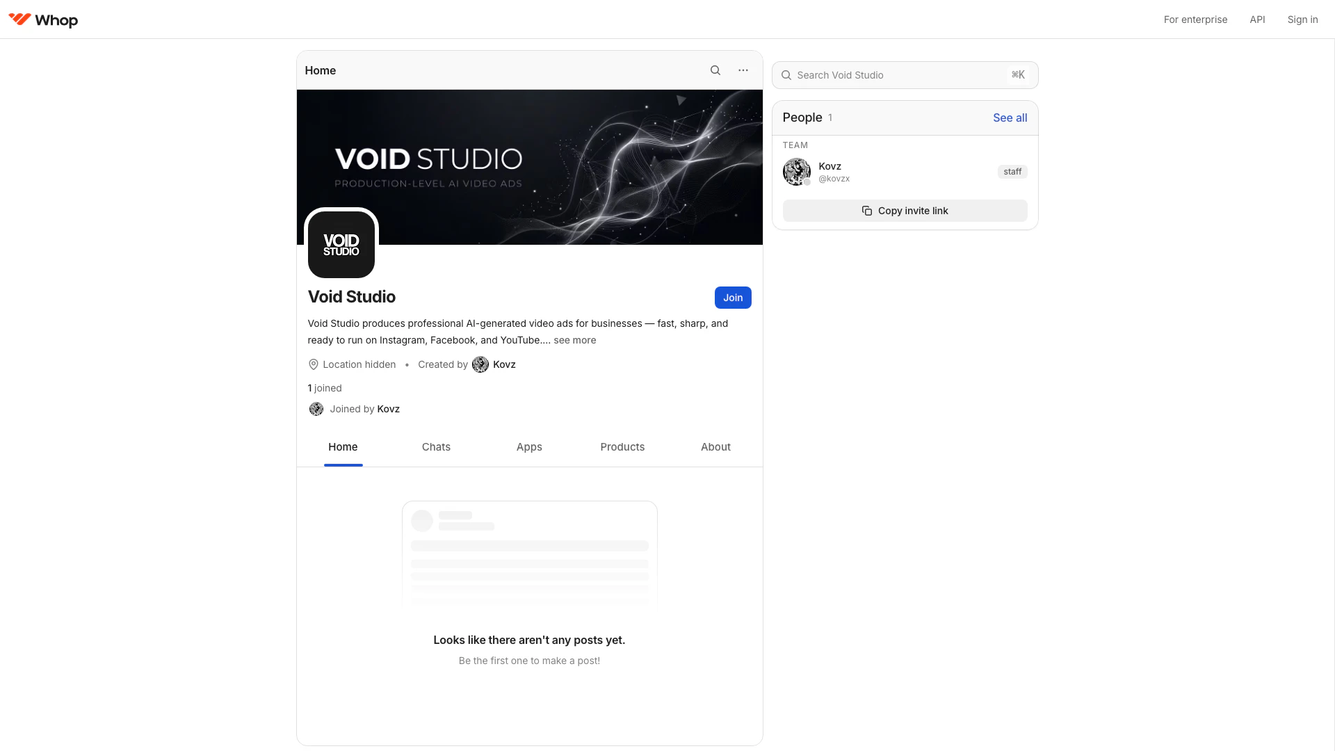 Whop website screenshot showing Void Studio creates professional AI-gene... interface and features