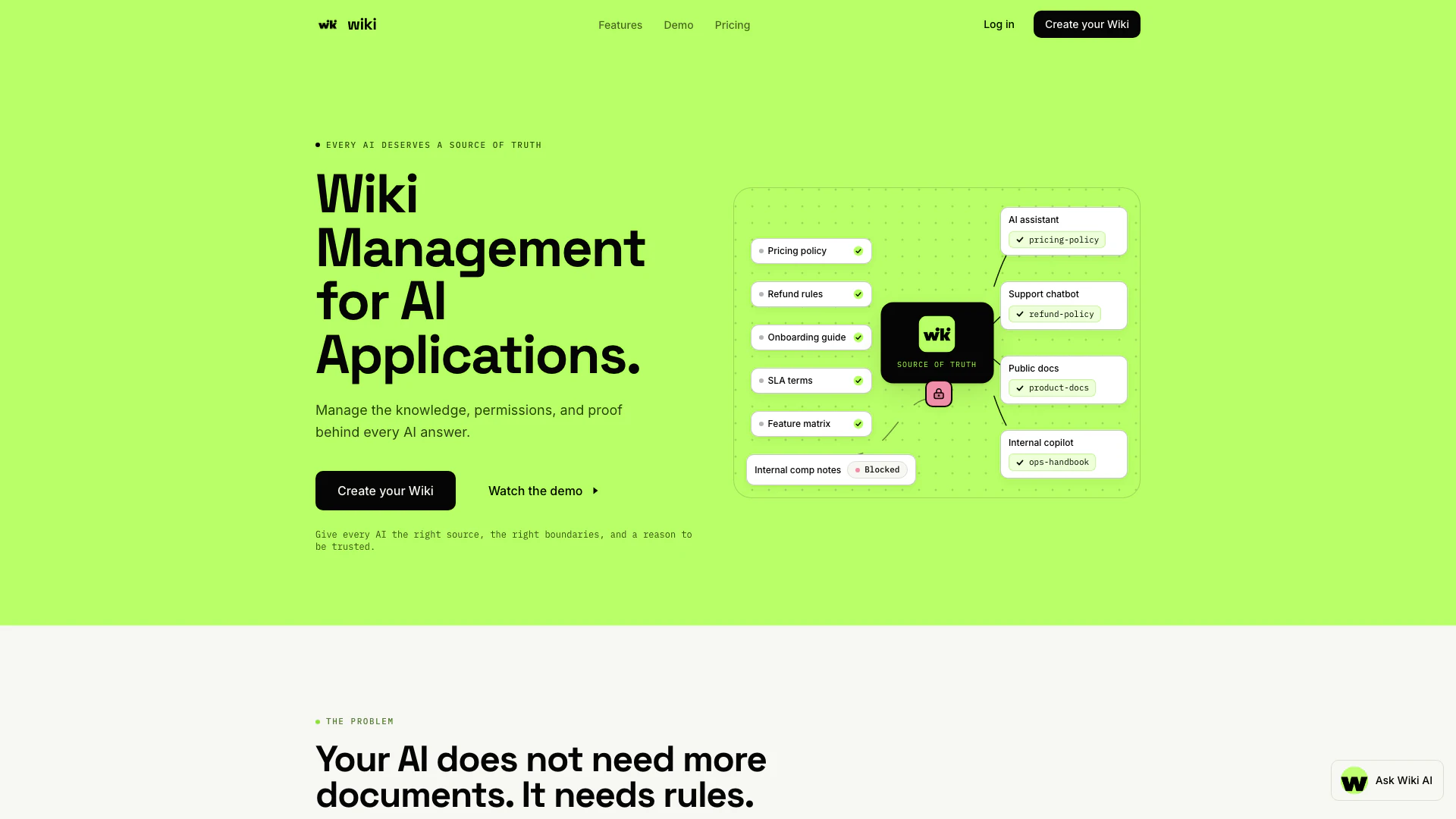 Wiki website screenshot showing Wiki manages the verified knowledge, per... interface and features