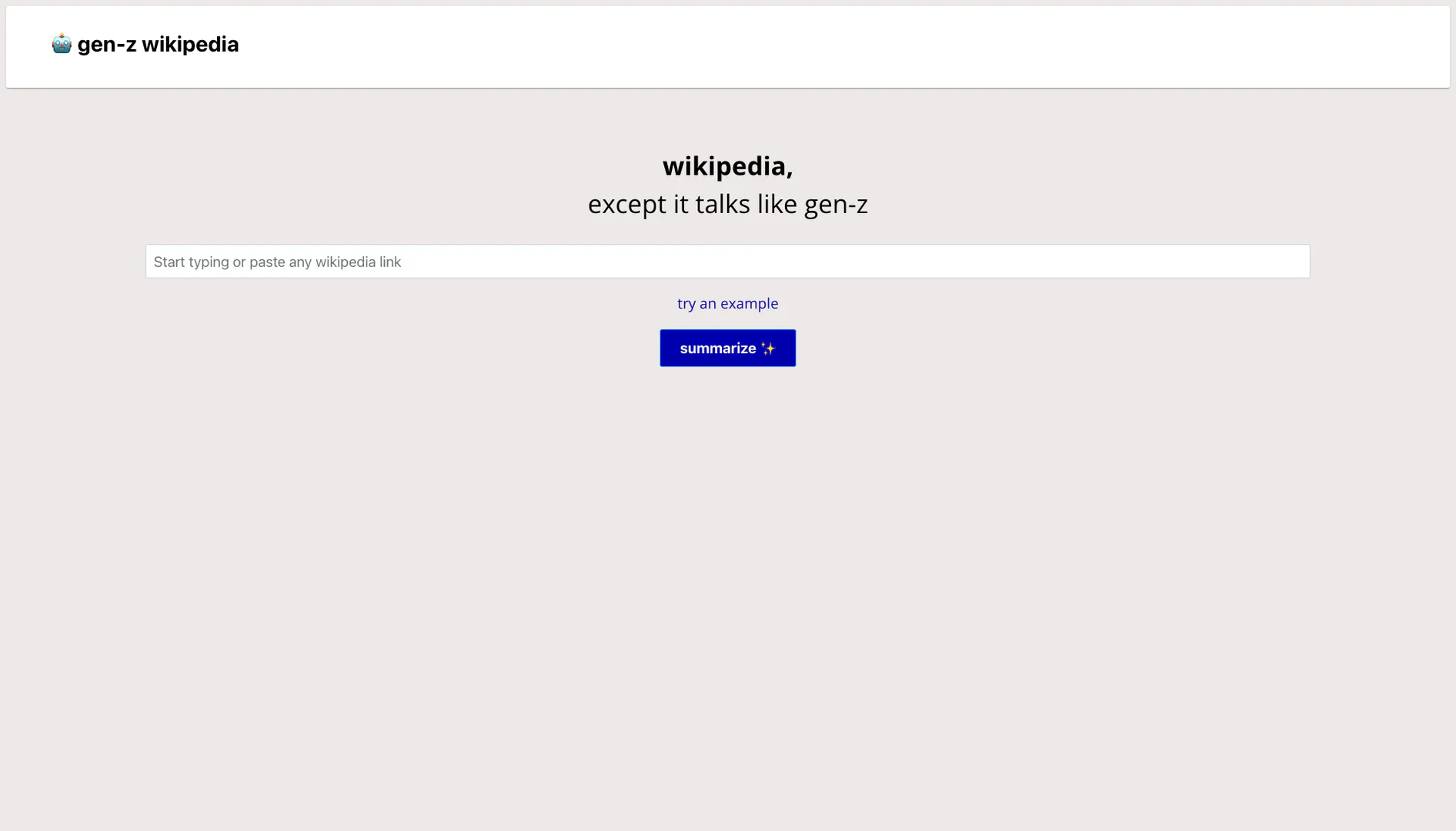 Wikipediasummary website screenshot showing A Gen-Z friendly Wikipedia summarizer. interface and features