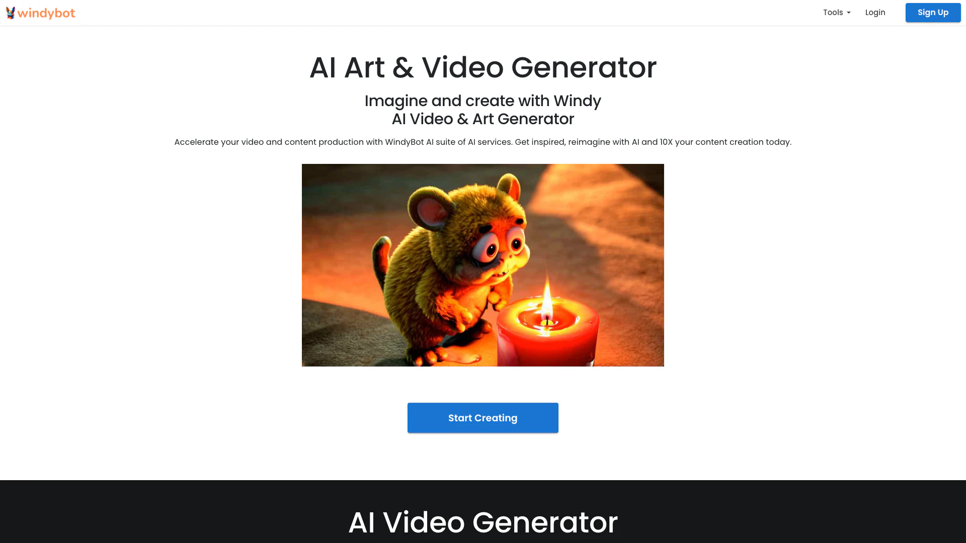 Windy Ai Writer website screenshot showing Windy AI Video & Art Generator interface and features