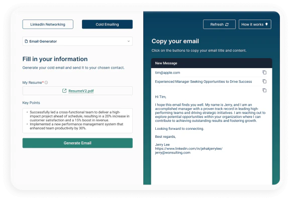 Cold email generator interface of NetworkAI