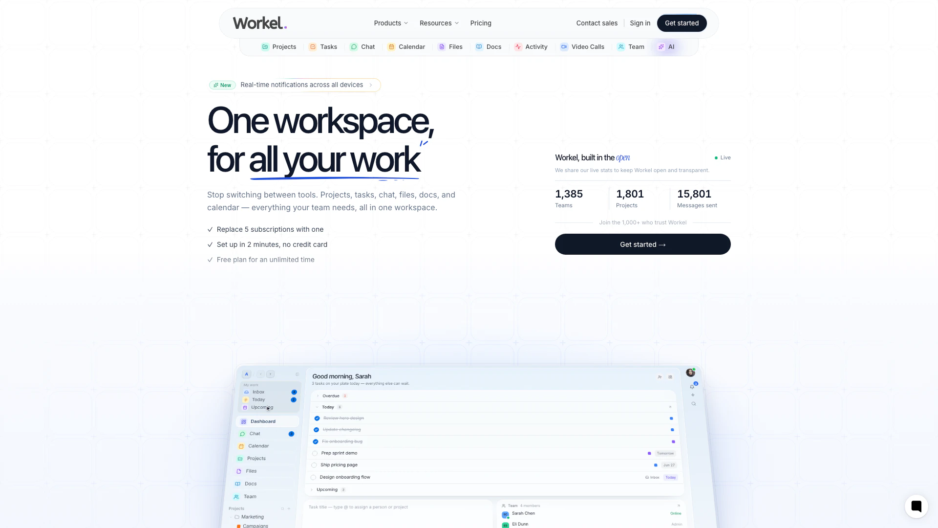 Workel website screenshot showing Workel es la plataforma de trabajo todo ... interface and features
