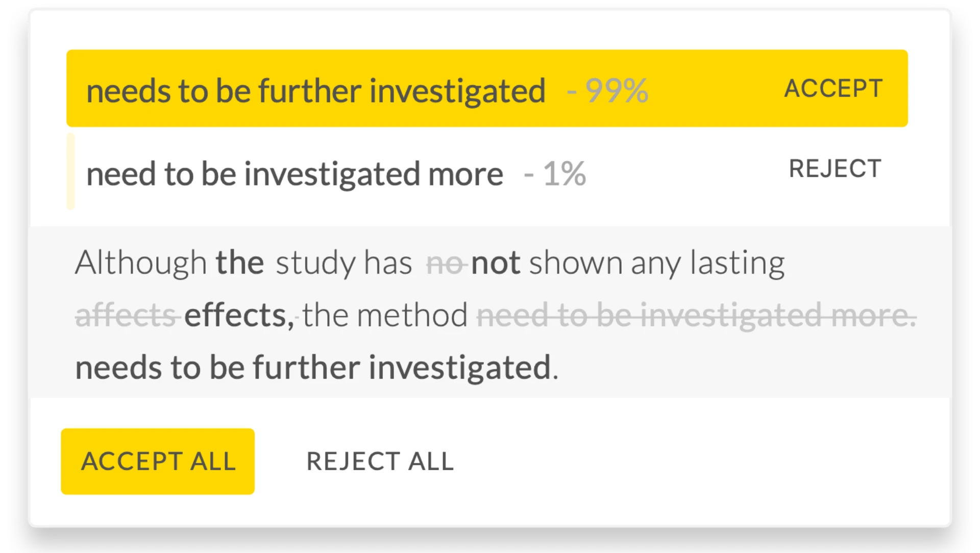 Writefull product overview showing editing features