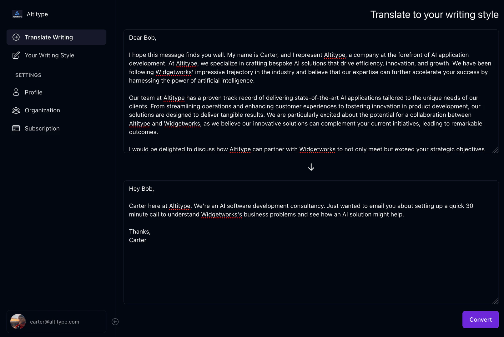 Writeprintai product interface overview