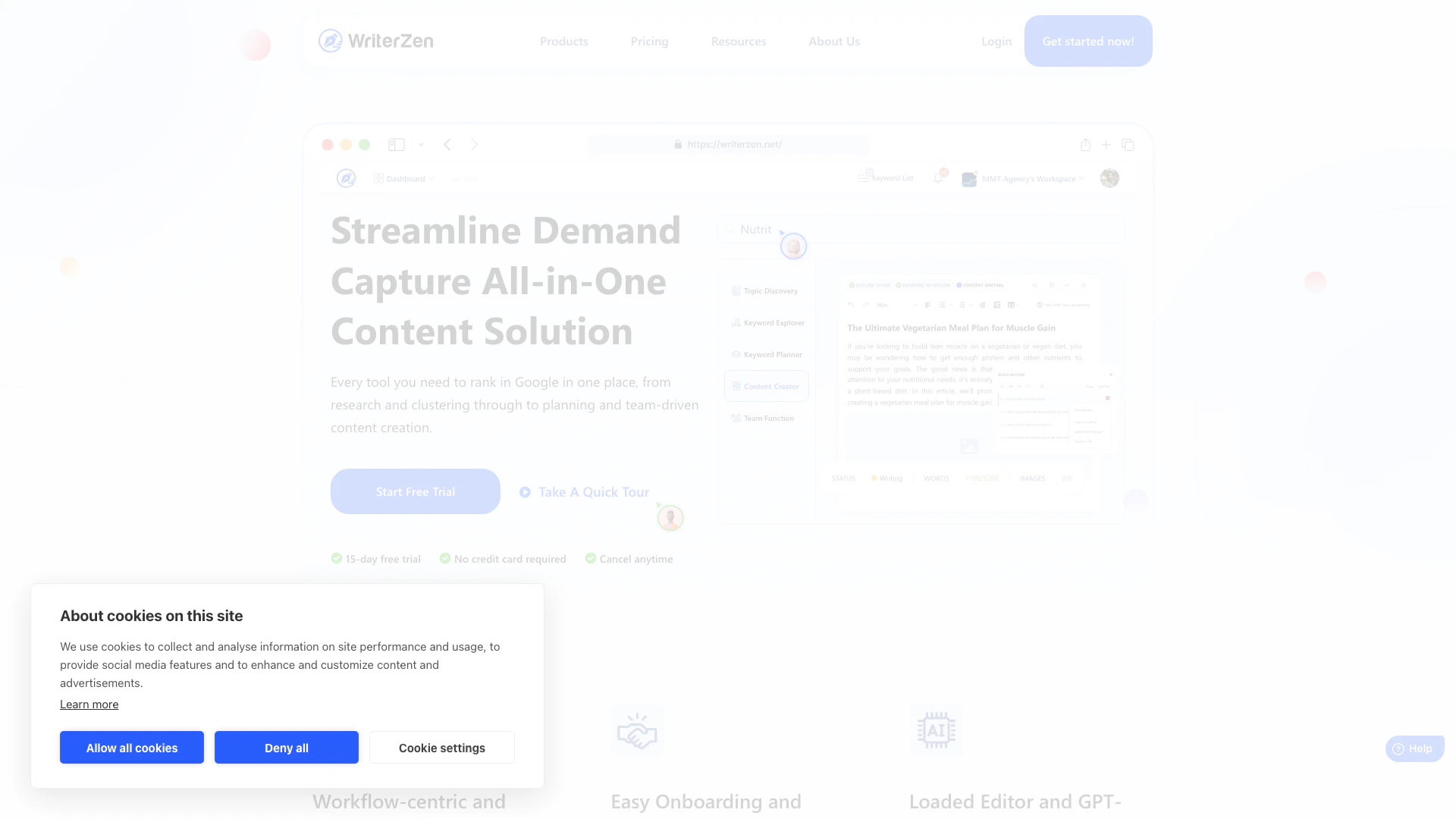 Writerzen website screenshot showing Boost your SEO content production with W... interface and features