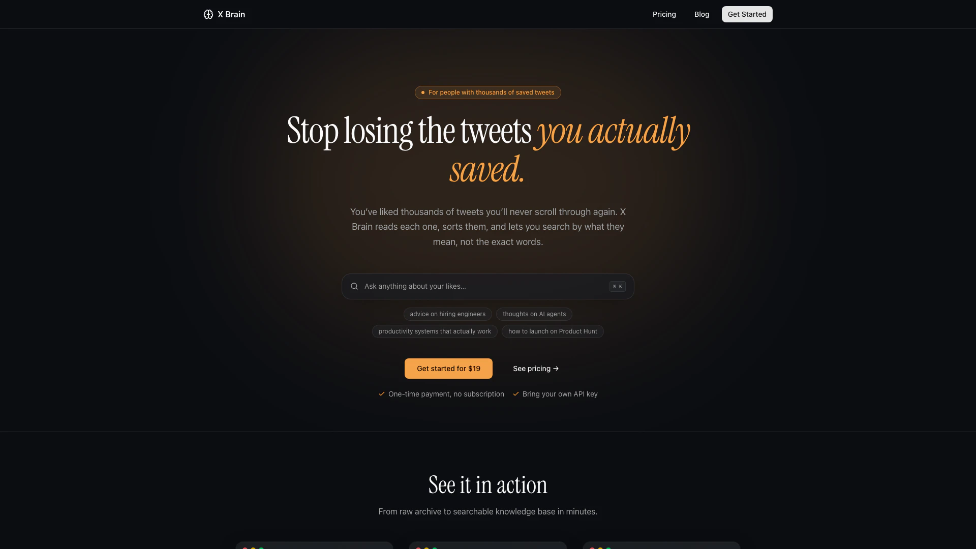 Xbrain website screenshot showing X Brain transforms your liked tweets on ... interface and features