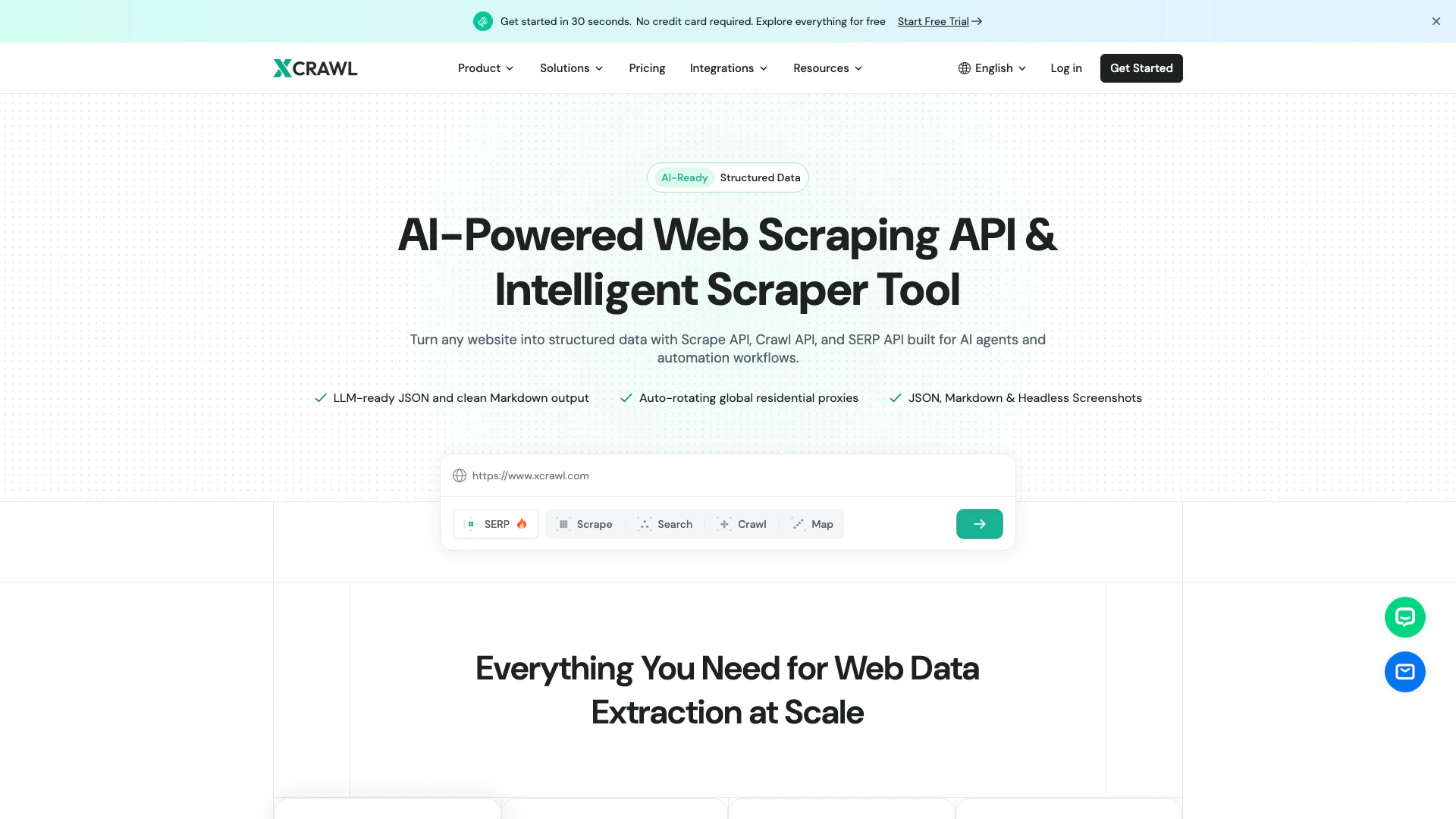 Xcrawl website screenshot showing XCrawlは効率的なウェブデータ抽出を可能にします。 interface and features