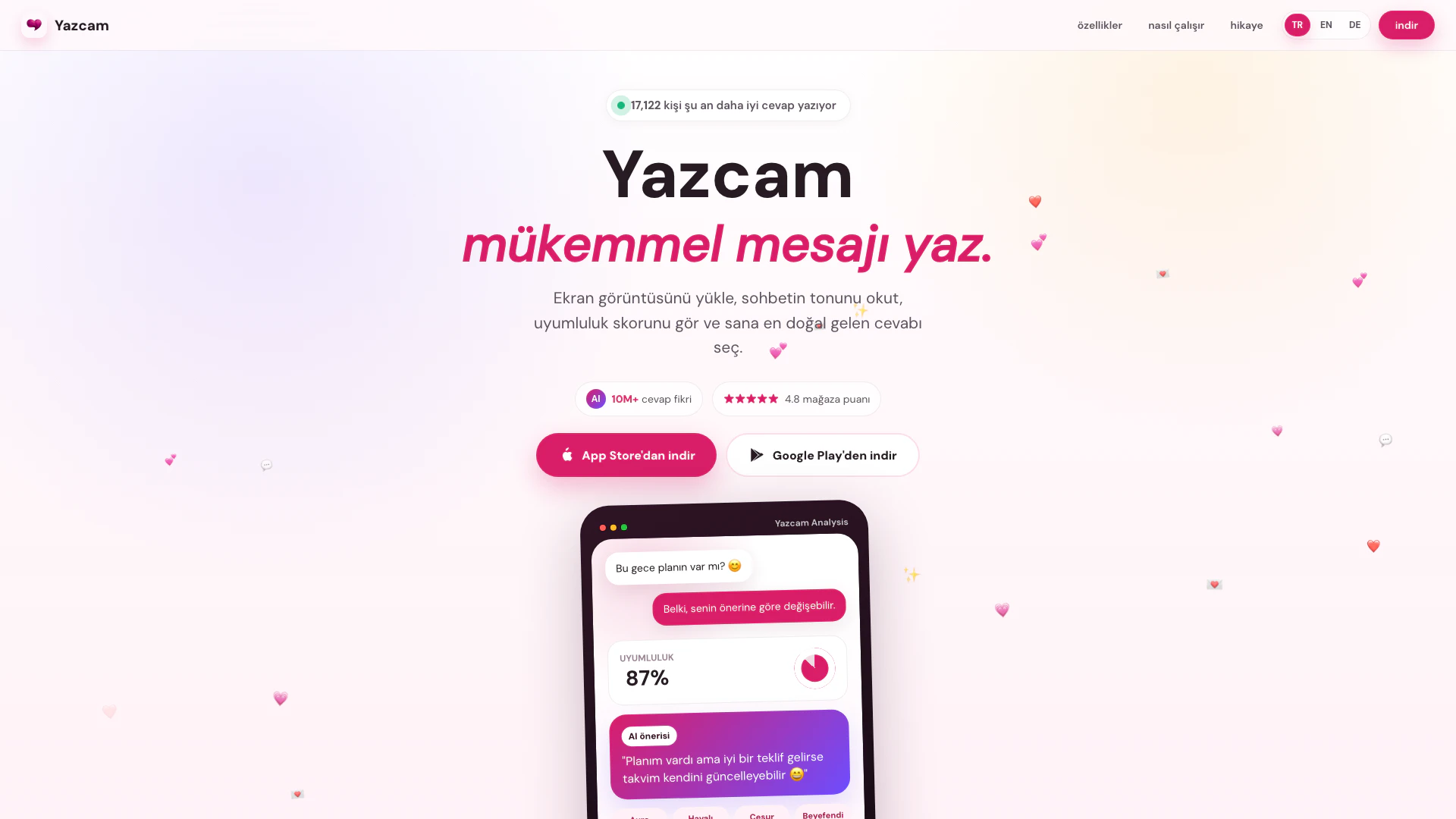 Yazcam website screenshot showing Yazcam is an AI-powered messaging assist... interface and features