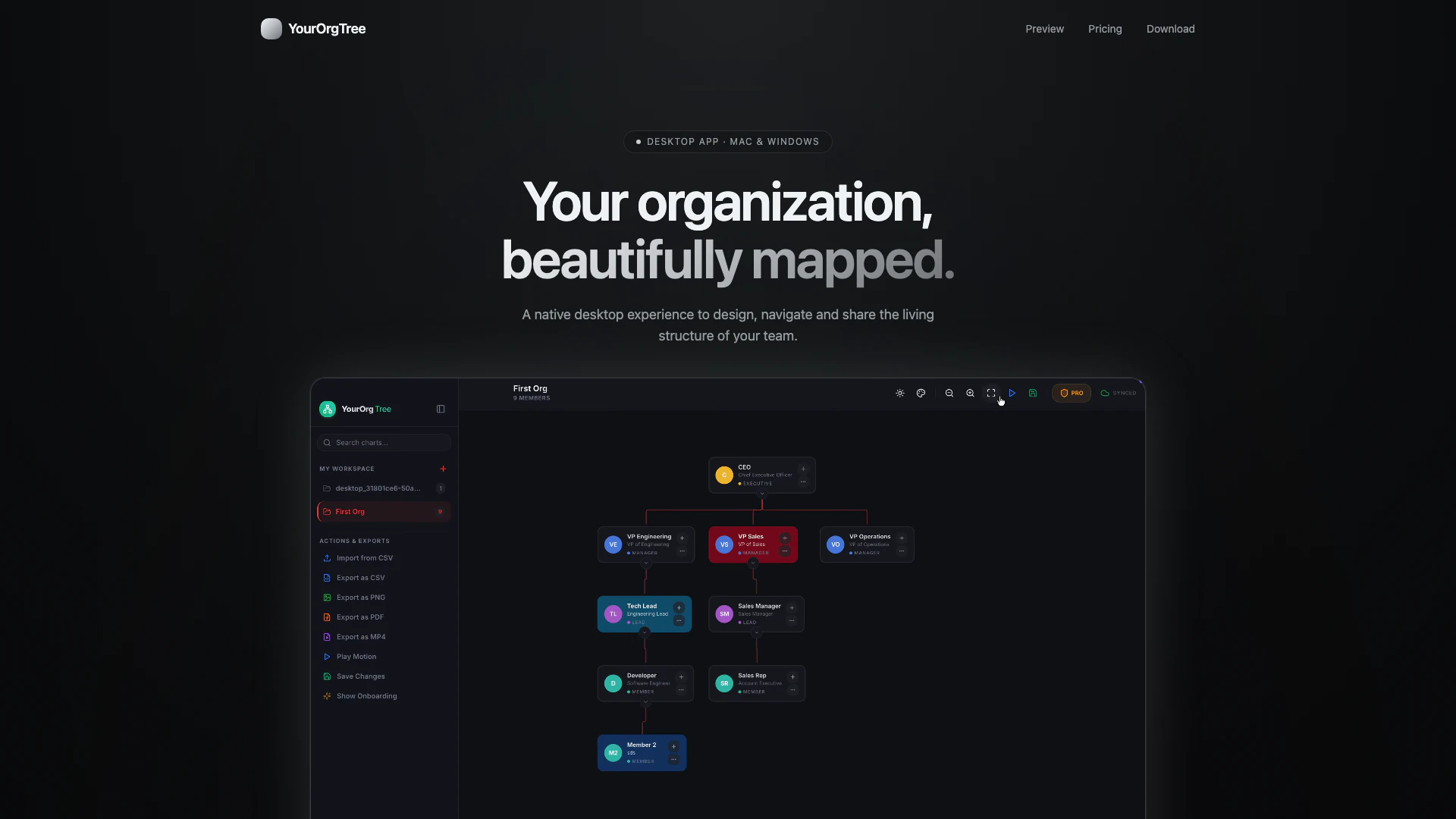 Yourorgtree website screenshot showing YourOrgTree is an elegant desktop app th... interface and features