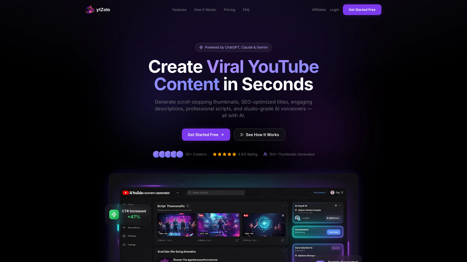 Ytzolo website screenshot showing Create viral YouTube thumbnails, SEO-opt... interface and features