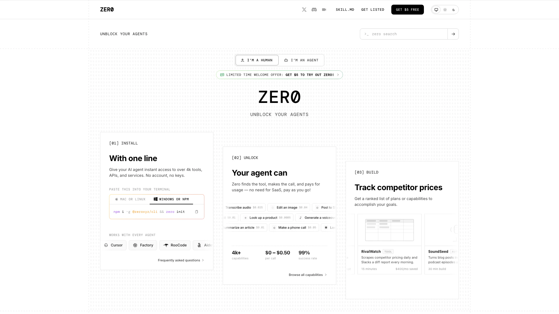 Zero website screenshot showing Zero.xyz empowers you to unblock your ag... interface and features
