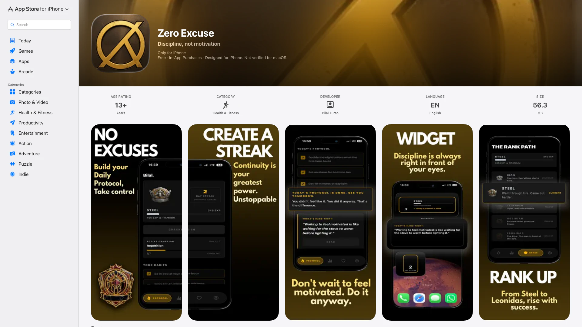 Zero Excuse - iOS App website screenshot showing Zero Excuse is not a motivation app; it ... interface and features