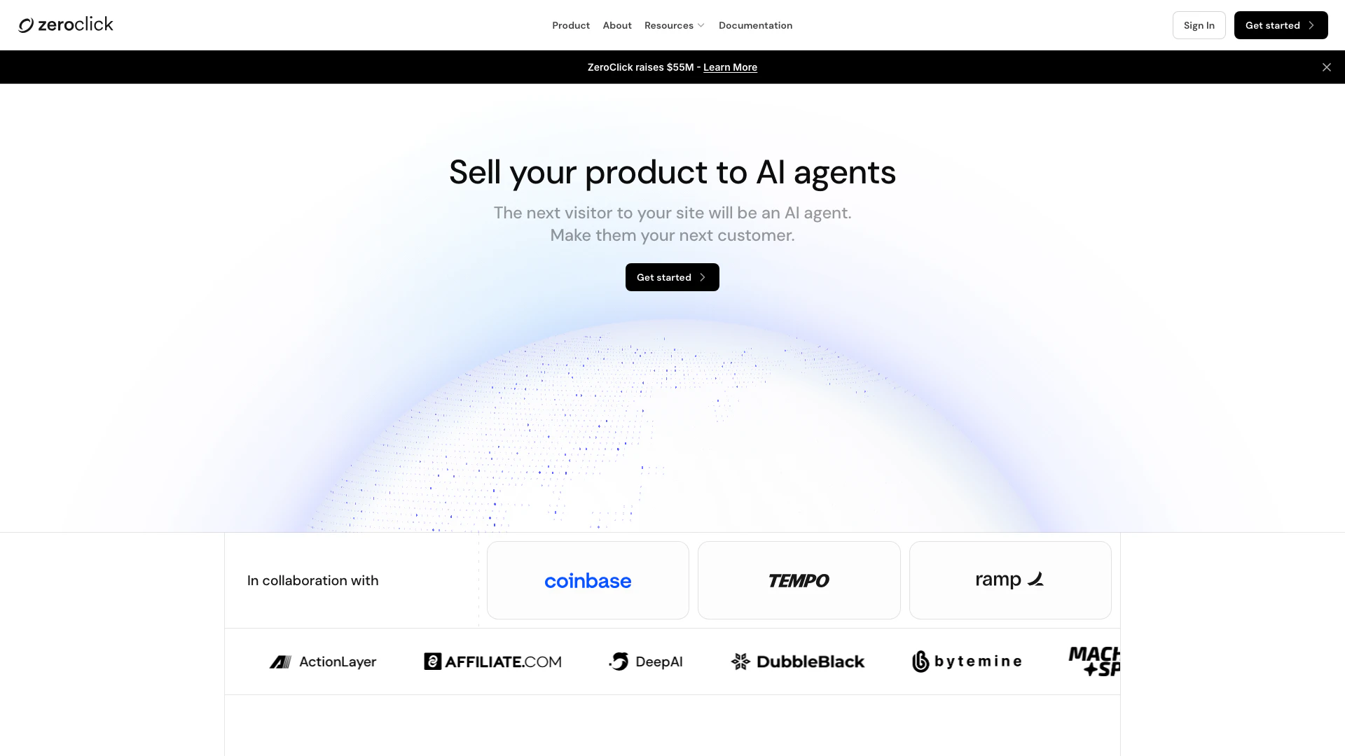 Zeroclickai website screenshot showing ZeroClick turns any API or offering into... interface and features