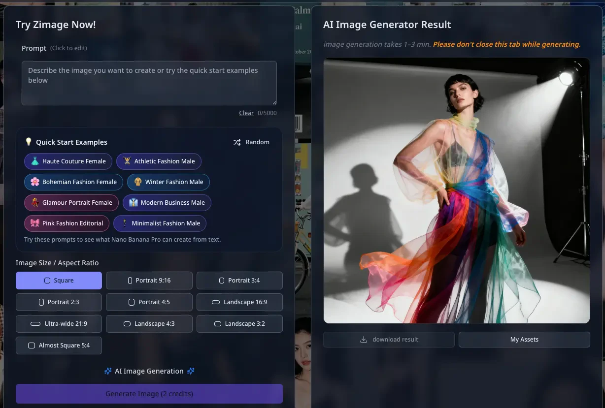 Zimage2 product interface showcasing photorealistic image generation