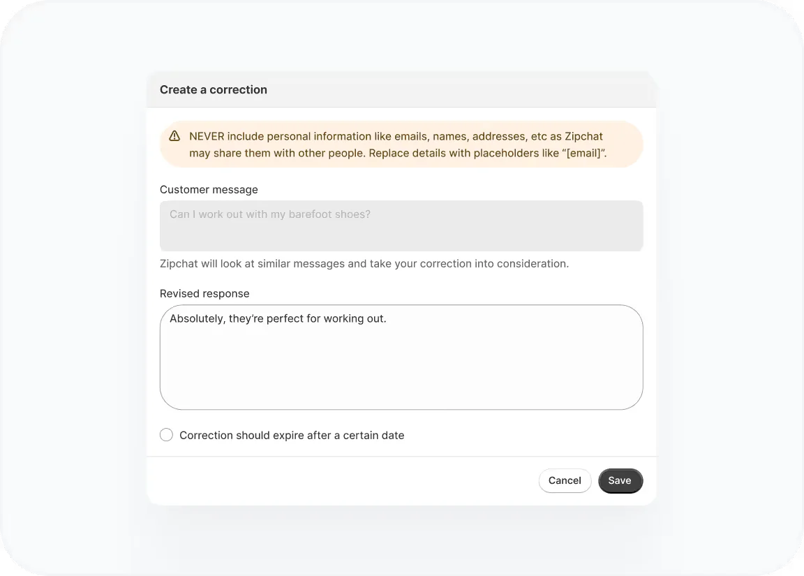 Testing Zipchat AI settings