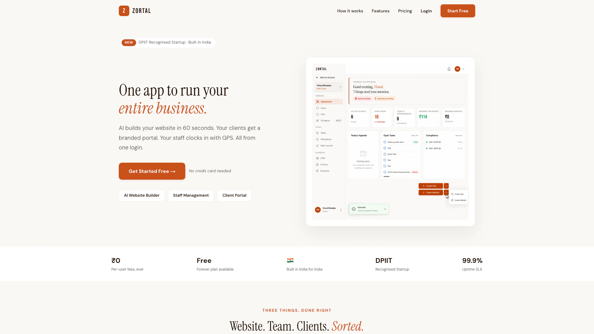 Zortal website screenshot showing Zortal is an all-in-one platform designe... interface and features